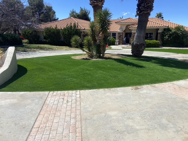 Round turf lawn with yucca and trimmed palms in front of a home